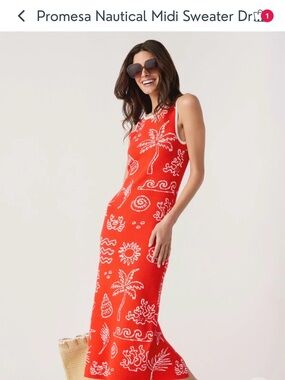 Promesa Red Sleeveless Nautical Maxi Dress with White Motifs